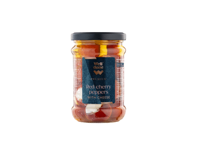 Sūriu įdarytos raudonos vyšninės paprikos WELL DONE PREMIUM, rapsų aliejuje, 250 g