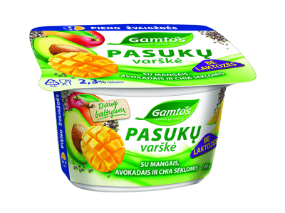 Pasukų varškė be laktozės GAMTOS  su mangais, avokadais ir ispaninio šalavijo (Salvia hispanica) sėklomis (chia sėklomis) 2,3% rieb., 130 g