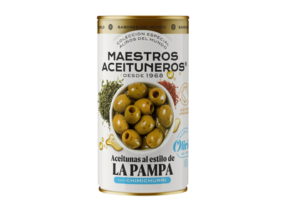 Žalios be kauliukų alyvuogės MAESTROS ACEITUNEROS, „Pampa“ skonio, su čimičiuri padažu, 320/150 g