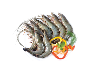 Šaldytos didžiosios tigrinės krevetės, nevirtos, su galvomis, su kiautais, 21/30, 20% glazūros, 1kg