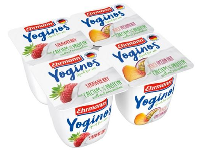 Jogurtas YOGINOS su braškėmis, persikais ir pasiflorais, 0,1%,  pakuotę sudaro 4 vnt.x100 g.