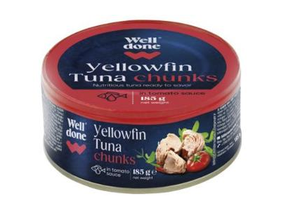 Gelsvauodegių tunų gabaliukai pomidorų padaže WELL DONE, 185 g
