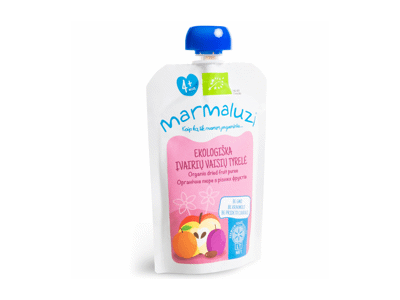 Ekologiška įvarių vaisių tyrelė MARMALUZI (nuo 4 mėn.), 90 g