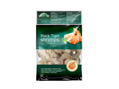 Šaldytos didžiosios tigrinėskrevetės,nevirtos,lukštentos,valytos,13/15,20% glazūra,800g