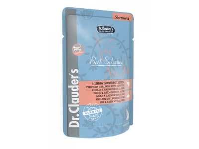 Šlapias ėdalas katėms DR. CLAUDER'S, sterilizuotoms, su vištiena, lašiša, jūros dumbliais, 85 g