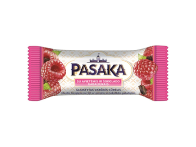 Glaistytas varškės sūrelis PASAKA su avietėmis ir šokolado gabaliukais, 21%, 40 g
