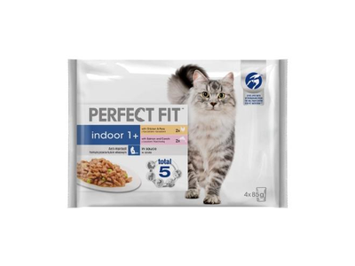 Konservuotas kačių ėdalas PERFECT FIT, su vištiena ir žuvimi, 4 x 85 g