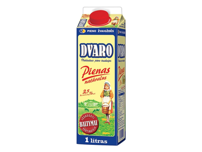 Pienas DVARO ne mažiau kaip 3,5 % rieb., pasterizuotas, 1 l