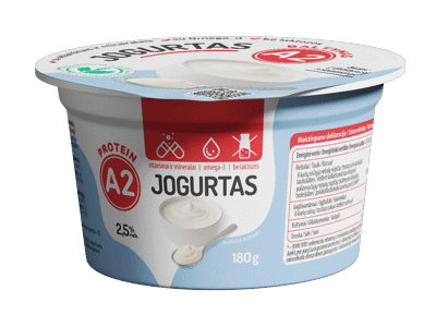 Jogurtas iš A2 pieno, be laktozės, 2,5 % rieb., 180 g