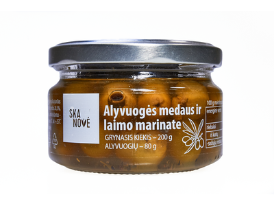 Marinuotos žaliosios alyvuogės SKANOVĖ, be kauliuko, su medumi ir laimu, 200g