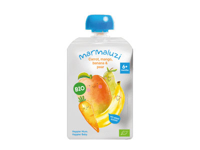 TYRELĖ Eko Morkų, mangų, bananų, kriaušių - 6 mėn 90g Pouch MARMALUZI