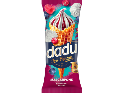 Maskarponės sūrio skonio grietininiai ledai DADU su miško uogų įdaru, 150ml