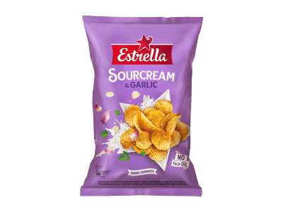 Bulvių traškučiai ESTRELLA, grietinės ir česnakų skonio, 350 g