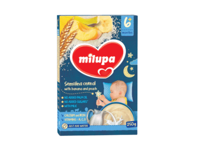 Manų košė MILUPA su bananais ir persikais (nuo 6 mėn.), 250 g