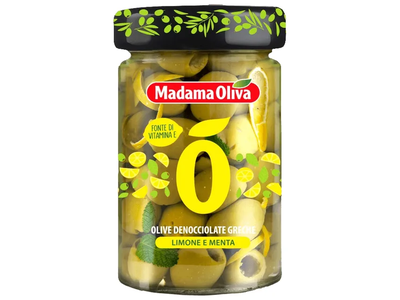 Graikiškos žaliosios alyvuogės be kauliukų su citrinų žievelėmis ir mėtų lapais MADAMA OLIVA, 140 g