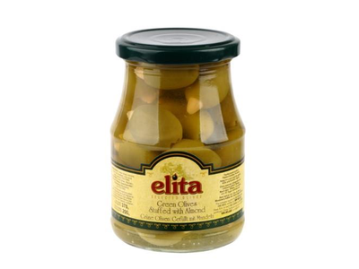 Alyvuogės ELITA žaliosios, su migdolų įdaru, L dydis, 370 g/ 200 g