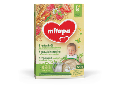 3 grūdų košė su uogomis MILUPA, 6 mėn, 225 g