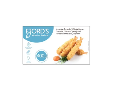 Šaldytos krevetės džiūvėsėliuose Fjords, Torpedo, su uodega, 400g