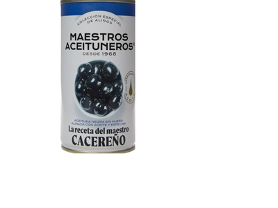 Didelės juodosios alyvuogės be kauliukų MAESTROS ACEITUNEROS, su aliejumi ir prieskoniais, 320/150 g