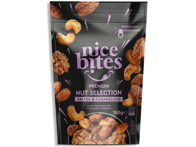 Sūrios karamelės skonio skrudintų ir neskrudintų riešutų mišinys NICE BITES, 150 g