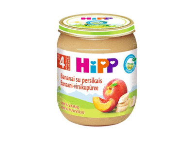 Ekologiška persikų ir bananų tyrelė HiPP (nuo 4 mėn.), 125 g