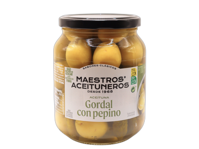 Žaliosios alyvuogės Gordal be kauliukų, MAESTROS ACEITUNEROS, su marinuotais agurkėliais, 700/300 g