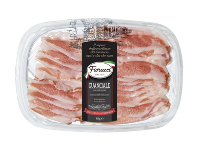 Sūdytos kiaulių pažandės FIORUCCI, Guanciale, su prieskoniais, griežinėliais, nerūšinė, 90g