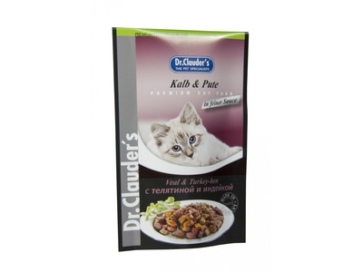 Šlapias ėdalas katėms DR. CLAUDER'S, su veršiena ir kalakutiena, drebučiuose, 100 g