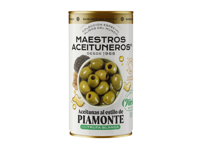Žalios be kauliukų alyvuogės MAESTROS ACEITUNEROS, „Piamonte“ su baltųju trumų skoniu, 320/150 g