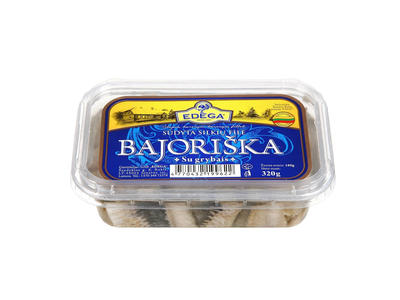 Sūdyta BAJORIŠKA silkių filė su grybais, 320g