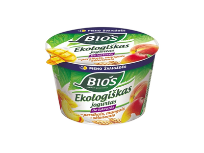 Ekologiškas jogurtas be laktozės BIOS su persikais, mangais ir sėlenomis, 3,1% rieb., 200 g