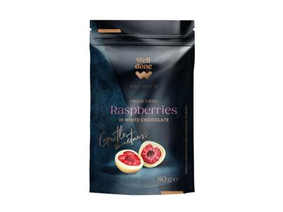 Liofilizuotos avietės baltajame šokolade WELL DONE PREMIUM, 80 g