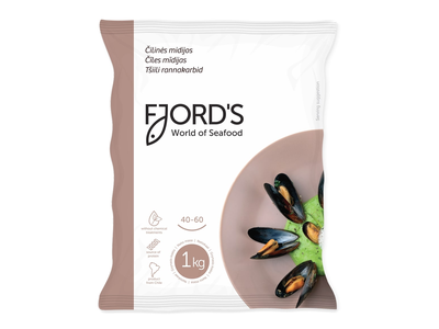 Šaldytos Čilinės midijos FJORD'S,virtos,su kiautu,40/60,1kg