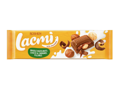 Pieninis šokoladas LACMI su lazdynų riešutais ir karamele, 295 g