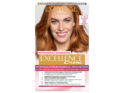 L′ORÉAL PARIS, EXCELLENCE CREME, ilgalaikiai plaukų dažai, 7.43 Vario auksinė blondinė, 1 vnt.