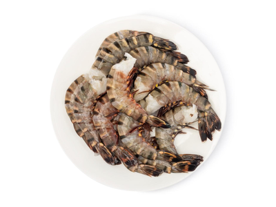 Šaldytos didžiosios tigrinės krevetės, nevirtos, be galvų, su kiautais, 13/15, 20 % glazūra, 1kg