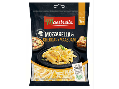 Sūrių mišinys MAESTRELLA, Mozzarella, Cheddar, Maasdam, 44%, šiaudeliais, 150g