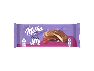 Sausainiai MILKA CHOCO JAFFA su aviečių skonio įdaru, 147 g