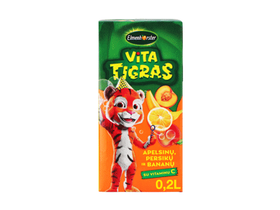 Apelsinų, persikų, bananų gaivusis sulčių gėrimas VITATIGRAS, 200 ml