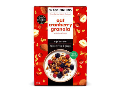 Veganiška avižinė granola THE BEGINNINGS, su spanguolėmis, 200 g
