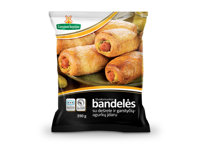 Sluoksniuotos bandelės su dešrele, garstyčių, agurkų įdaru 65 g x 6 vnt