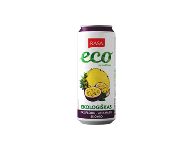 Ekologiškas pasiflorų ir ananasų skonio gazuotas gaivusis gėrimas su sultimis RASA BIO, 330 ml