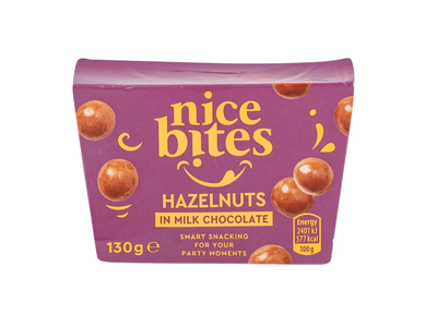 Lazdyno riešutai pieniniame šokolade NICE BITES, 130 g