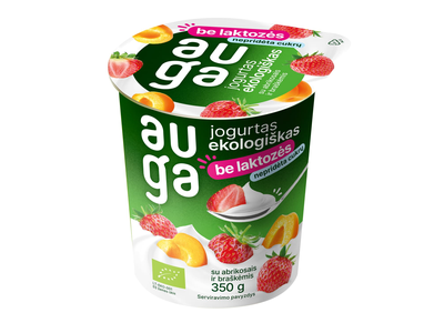 Ekol. jogurtas be laktozės su abrikosais ir braškėmis AUGA, 3,5 % rieb., 350 g
