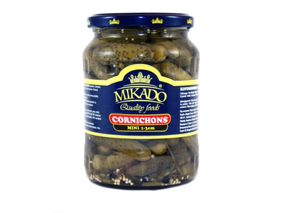 Marinuoti kornišonai MIKADO, 1-3cm, 680 g / 360g