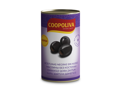Alyvuogės COOPOLIVA, juodos, be kauliukų, M dydis, 350 g / 150 g
