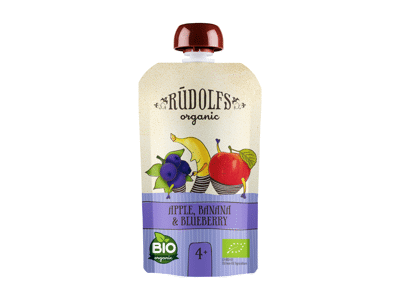 Ekologiška obuolių, bananų, mėlynių tyrelė RŪDOLFS, 4+ mėn., 110 g