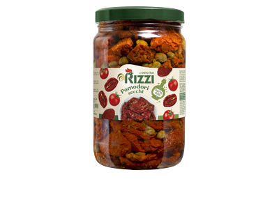 Saulėje džiovinti pomidorai RIZZI, saulėgrąžų aliejuje, 1,5kg/800g
