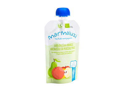 Ekol. obuolių, kriaušių, persikų tyrelė MARMALUZI (6+ mėn.), 90 g