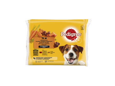 Konservuotas šunų ėdalas PEDIGREE su jaut., ėriena, kalak., 400 g